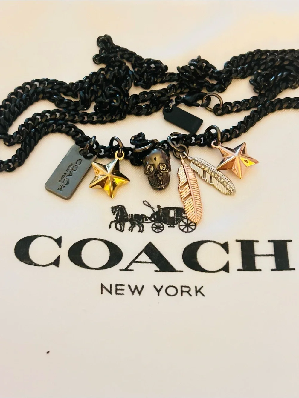 EXTREMELY RARE Coach Black Chain Necklace with Skull, Feather, Star Charms